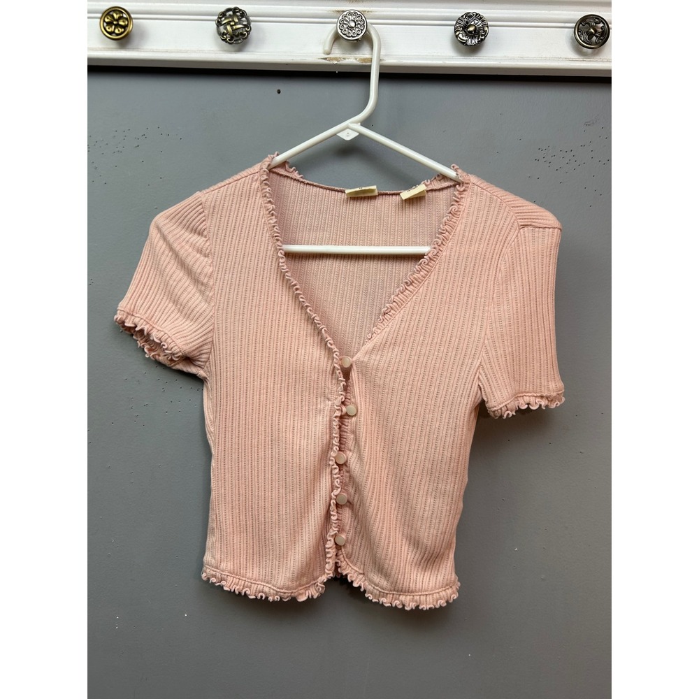 Levi's Cardigan Women XS Peach Pink Ribbed‎ Lettuce Trim Short Sleeve Button